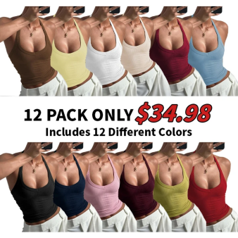 Women's Solid Ribbed Halter Neck Tank Top