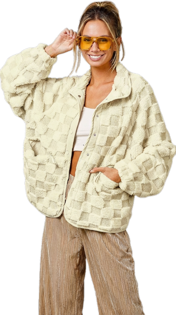 ⏰Final 2-Hour Clearance⚡ Chouyatou Women’s Winter Sherpa Jacket, Casual Contrast Plaid Faux Fur Coat, Loose Fit Plush Oversized Warm Outerwear