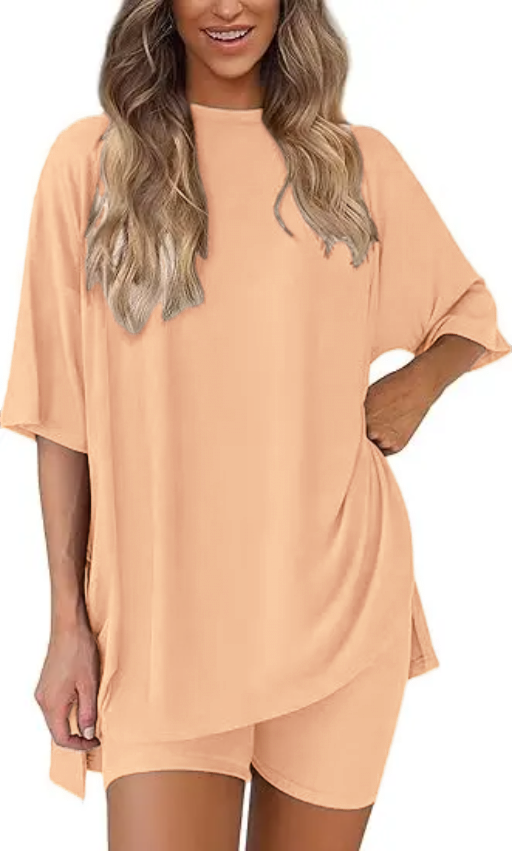 🔥Women's Two Piece Lounge Set Summer Casual Oversized Shirts Biker Shorts Matching Airport Travel Outfit