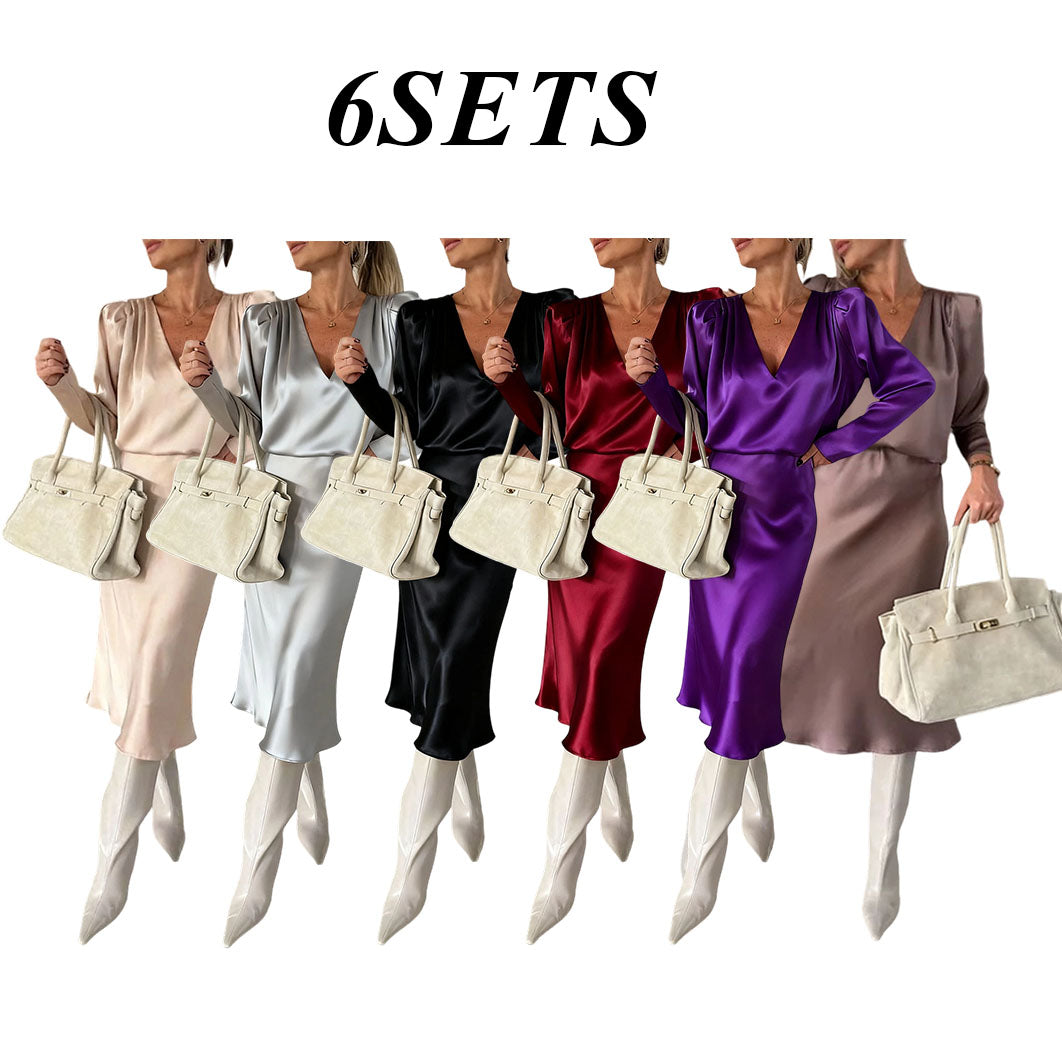 Silky Satin Long-Sleeved V-Neck And Skirt Suit