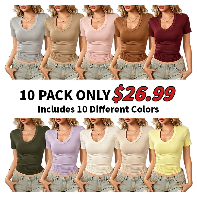 Women's Plain Deep V Neck Tee, Casual Short Sleeve T-Shirt for Summer