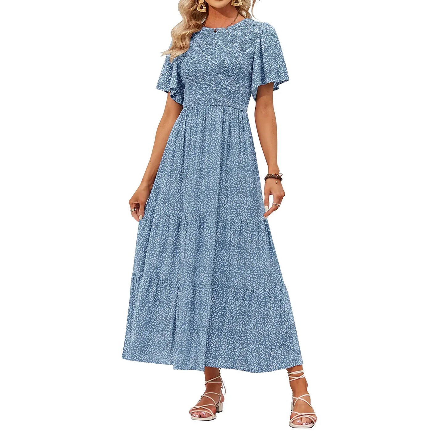 Floral Print Short Flutter Sleeve Crew Neck High Waist Flowy Maxi Dress