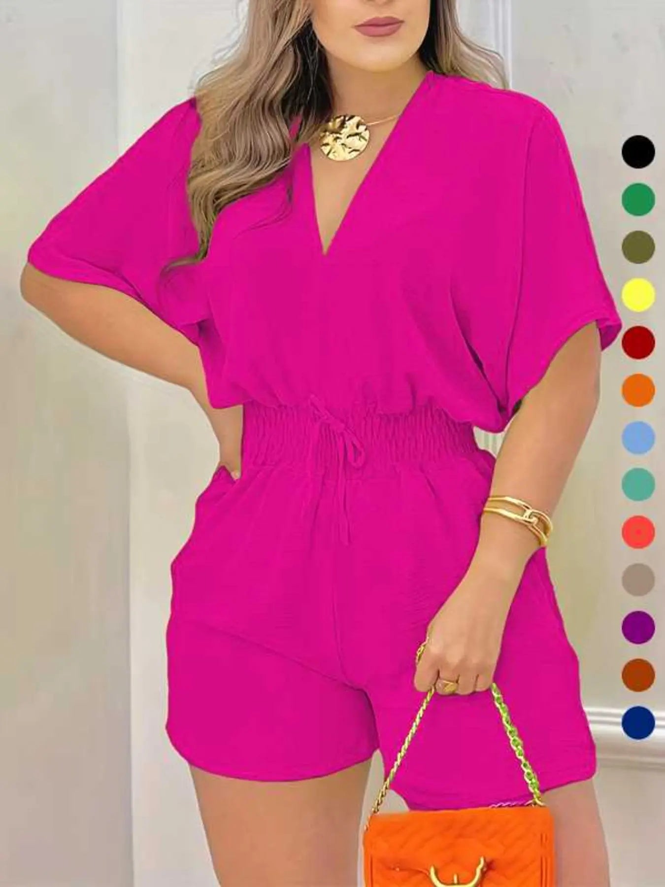 Women's Plain Drawstring Shirred Waist Fitted V Neck Romper