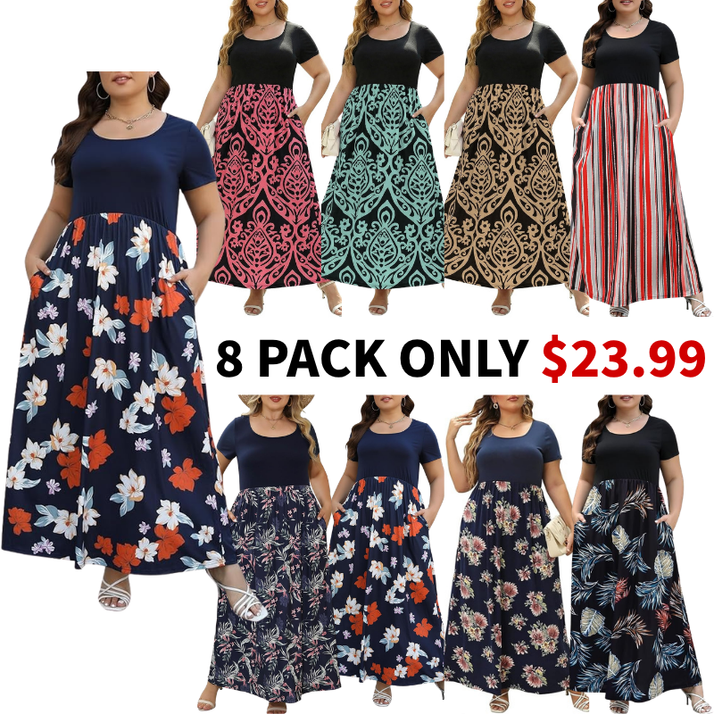 Curvy Women Casual Maxi Dress Plus Size Short Sleeve Chevron Print