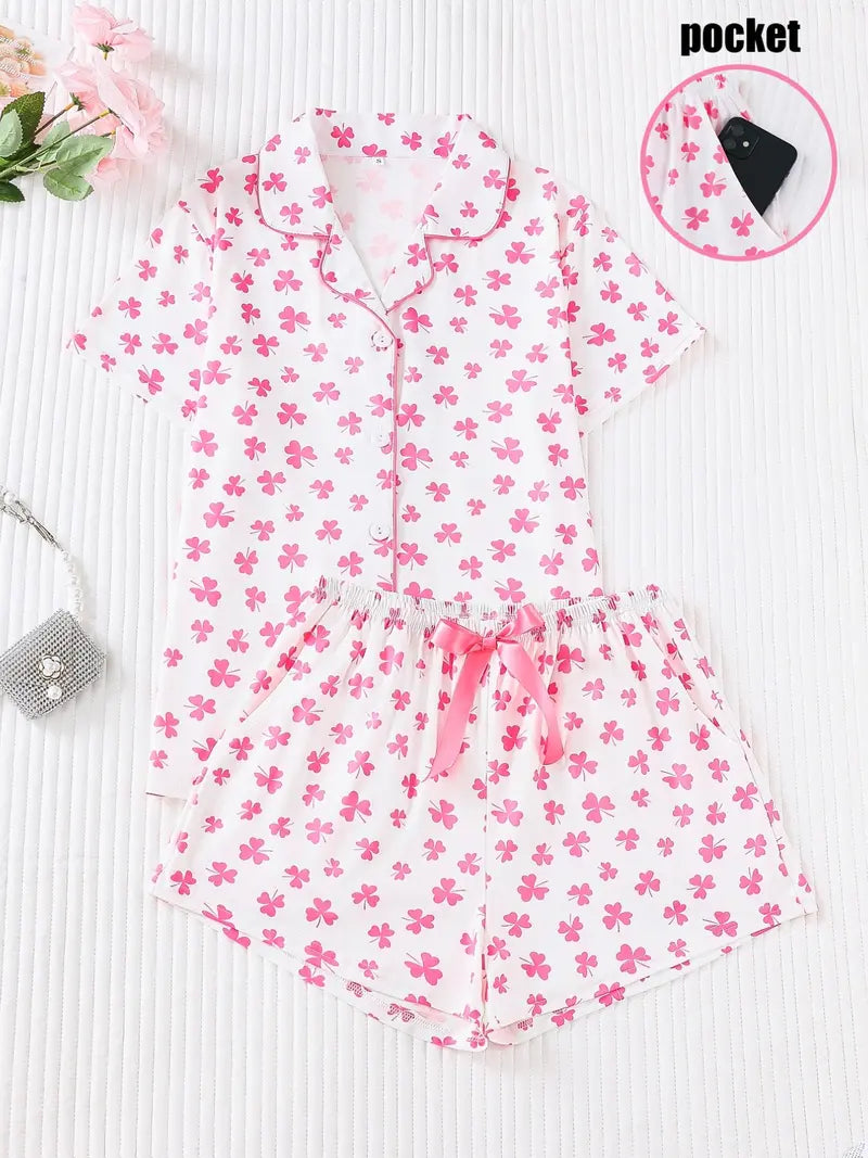 Women's Bow Full-Print Design Two-Piece Sleepwear Set