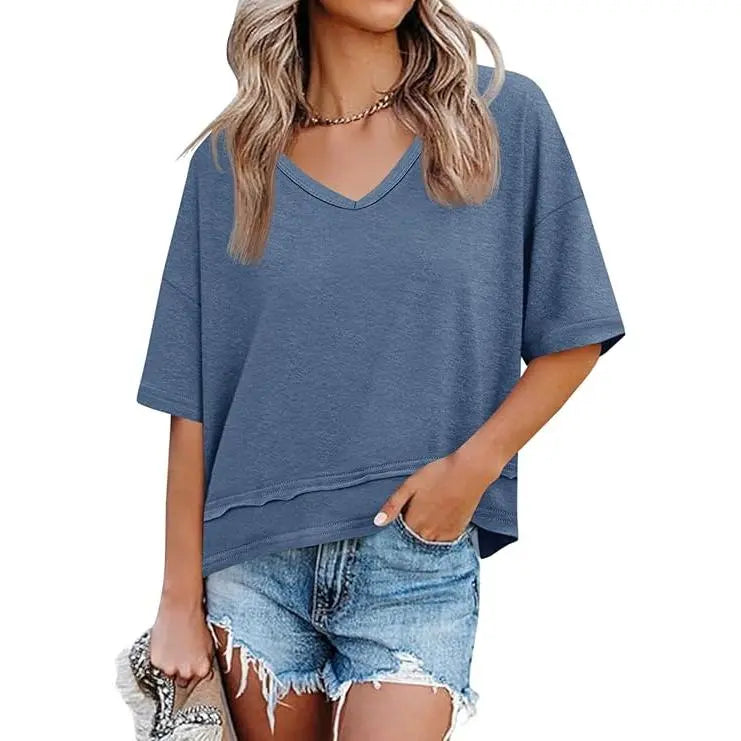 Womens Short Sleeve Shirts Summer V Neck Casual Top