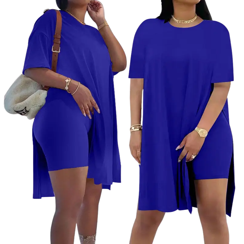 Plus Size Summer Outfit Side Slit Tunic Top & Biker Shorts Set