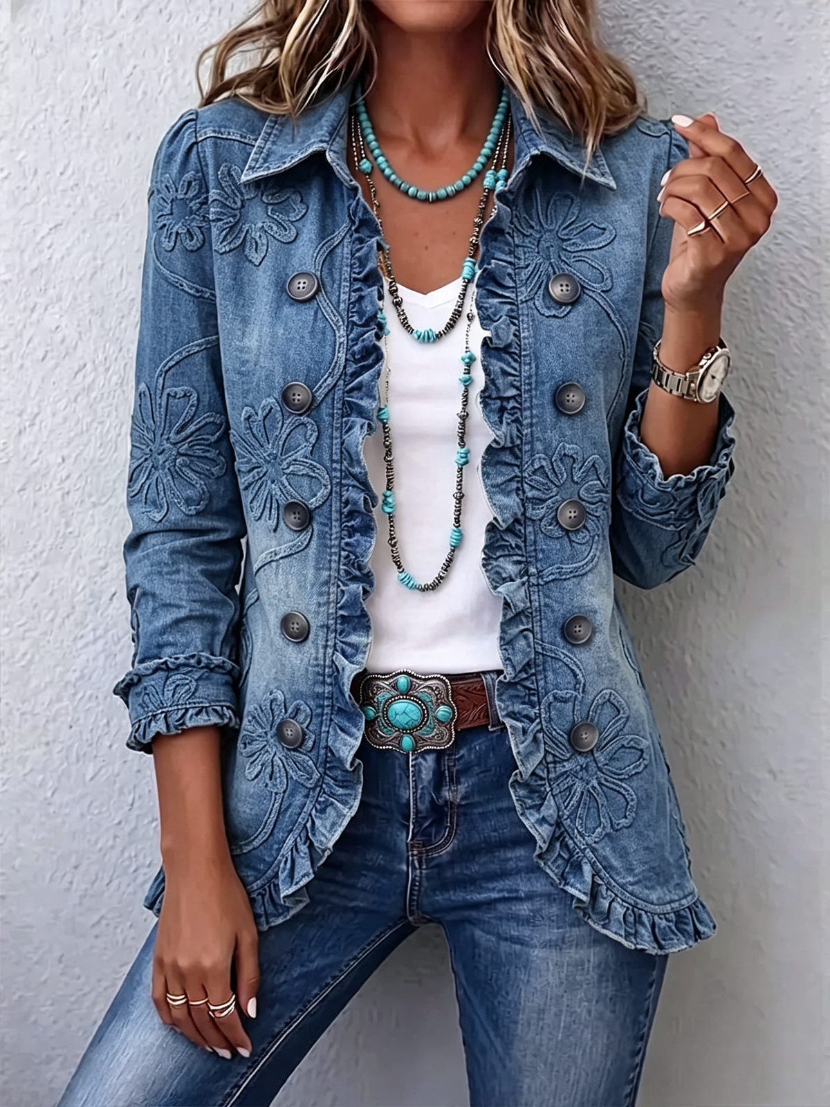 ๐๐Boho-Chic Floral Embroidered Utility Ruffled Trim Jacket
