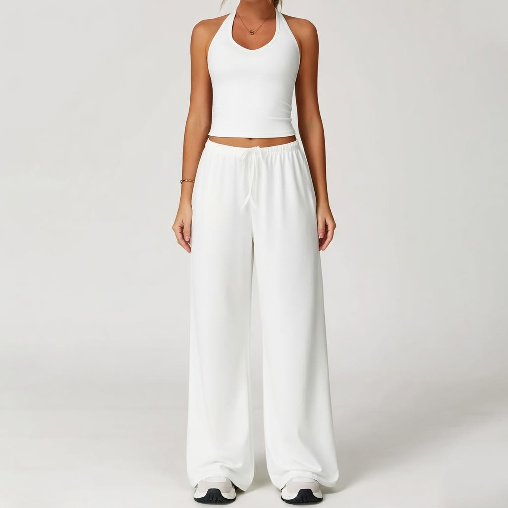 Women's Quick-Drying Athleisure Outfits - Adjustable V-Neck Strappy Top & Wide Leg Pants