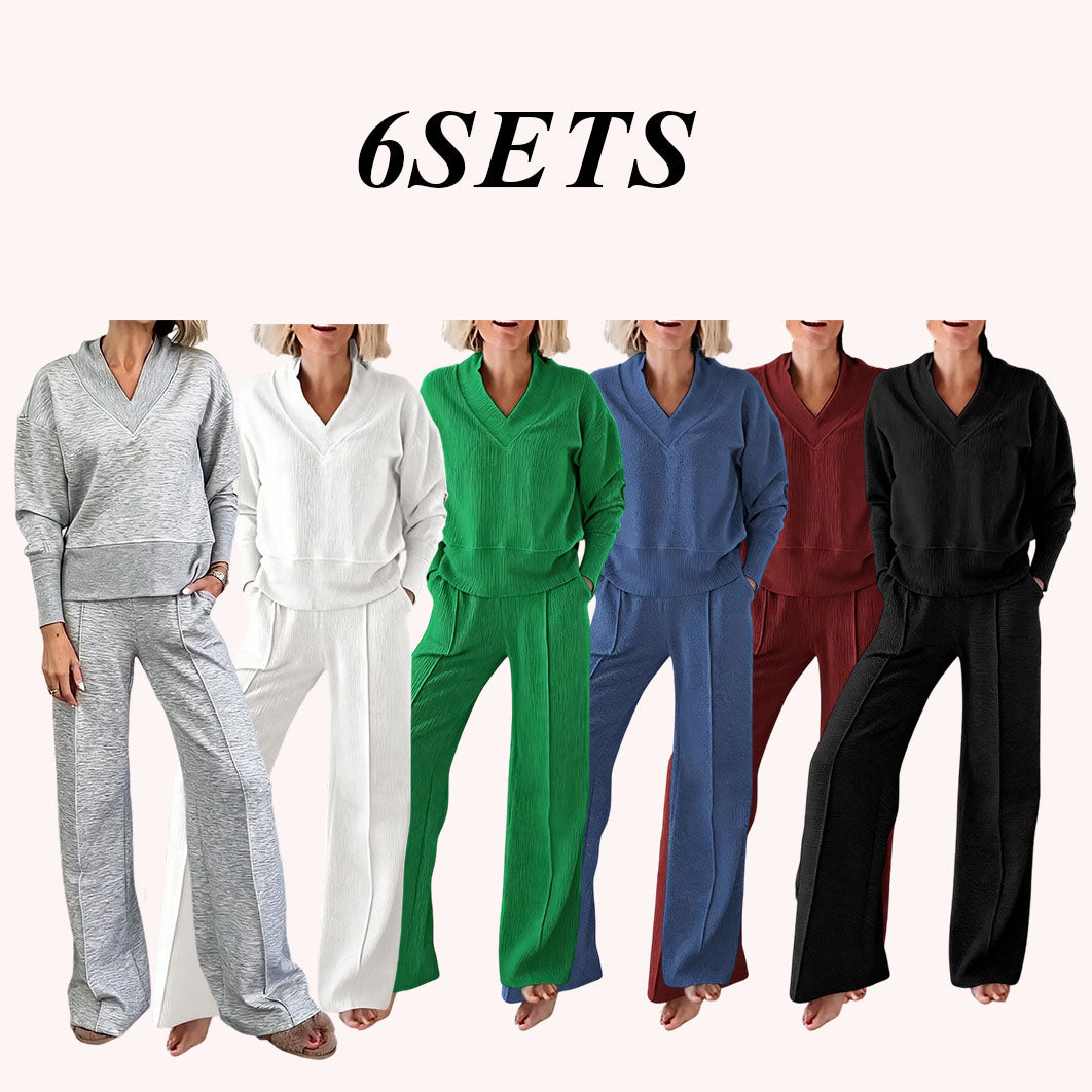Solid Color Casual Large V-Neck Top & Pants Set