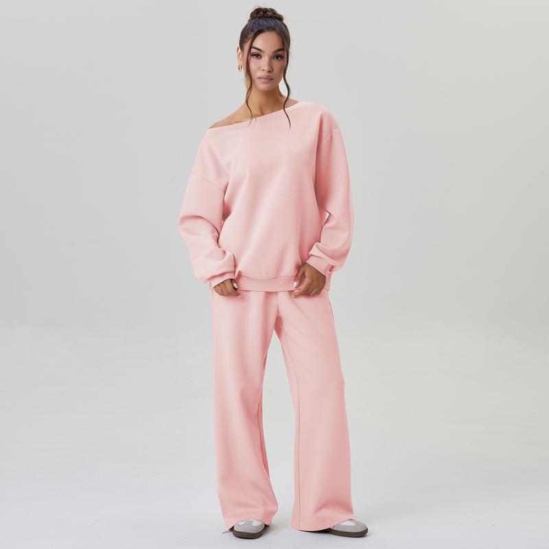 💘 Valentine’s Day Sale 💘Women's casual solid-color scoop-neck long-sleeved top and wide-leg pants set, comfortable curved-neck loose two-piece clothing set