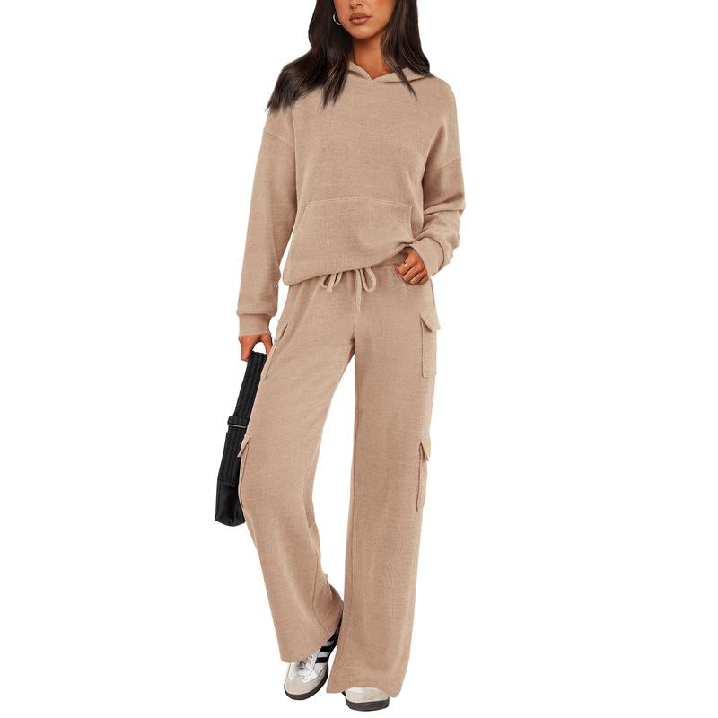 Women's Navy Blue Knitted Sets Hoodie & Wide Leg Pants with Pockets Drawstring Long Sleeve Loungewear Tracksuits Basic Fitted Clothes