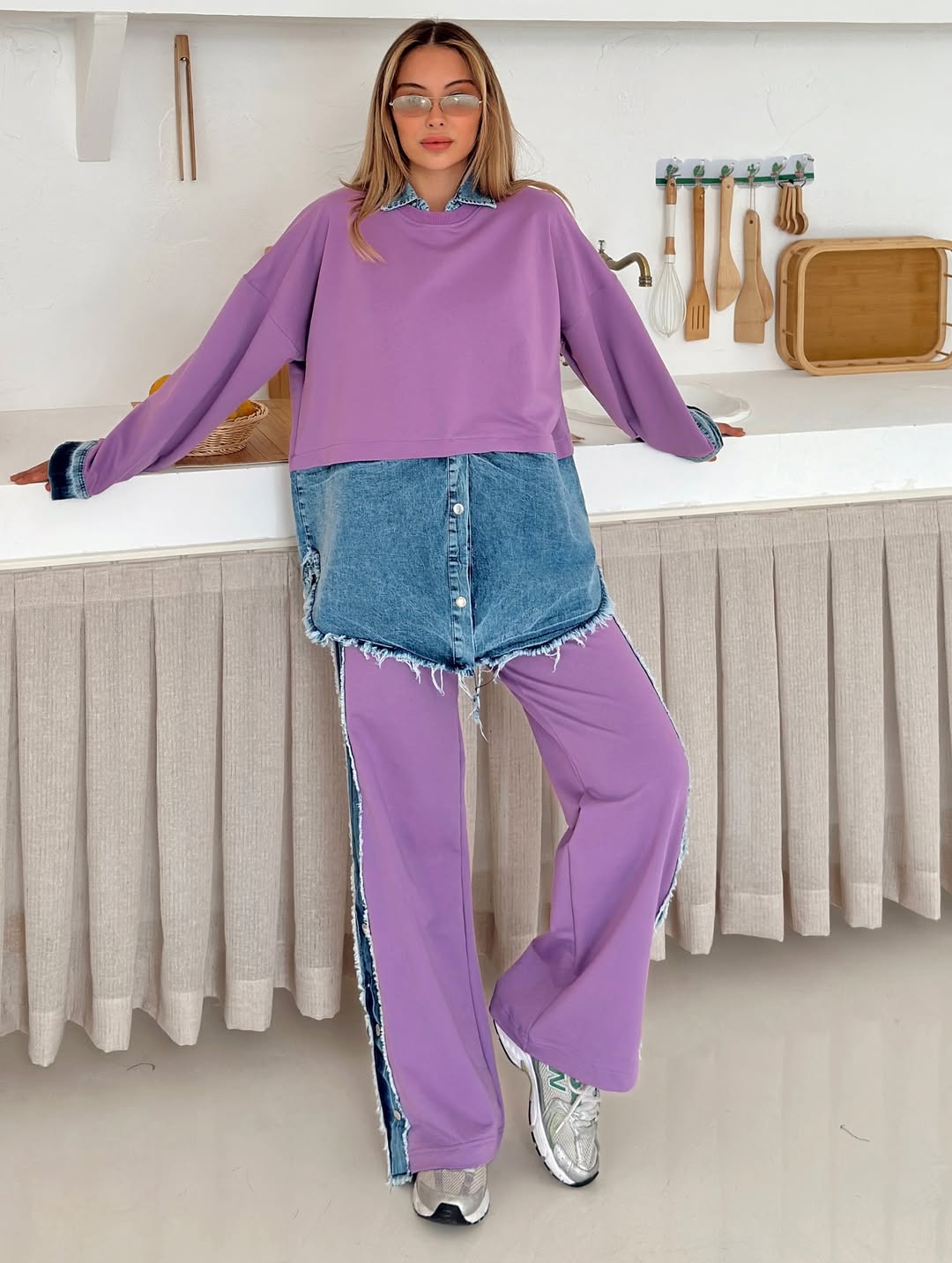 Women'S Knitted Patchwork Denim Top & Pants Set