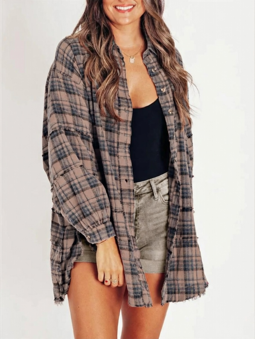 ⏰Hot Sale-Women's Seams Raw Edge Washed Oversized Shirt Jacket with Pockets 🔥New arrivals at special price🔥