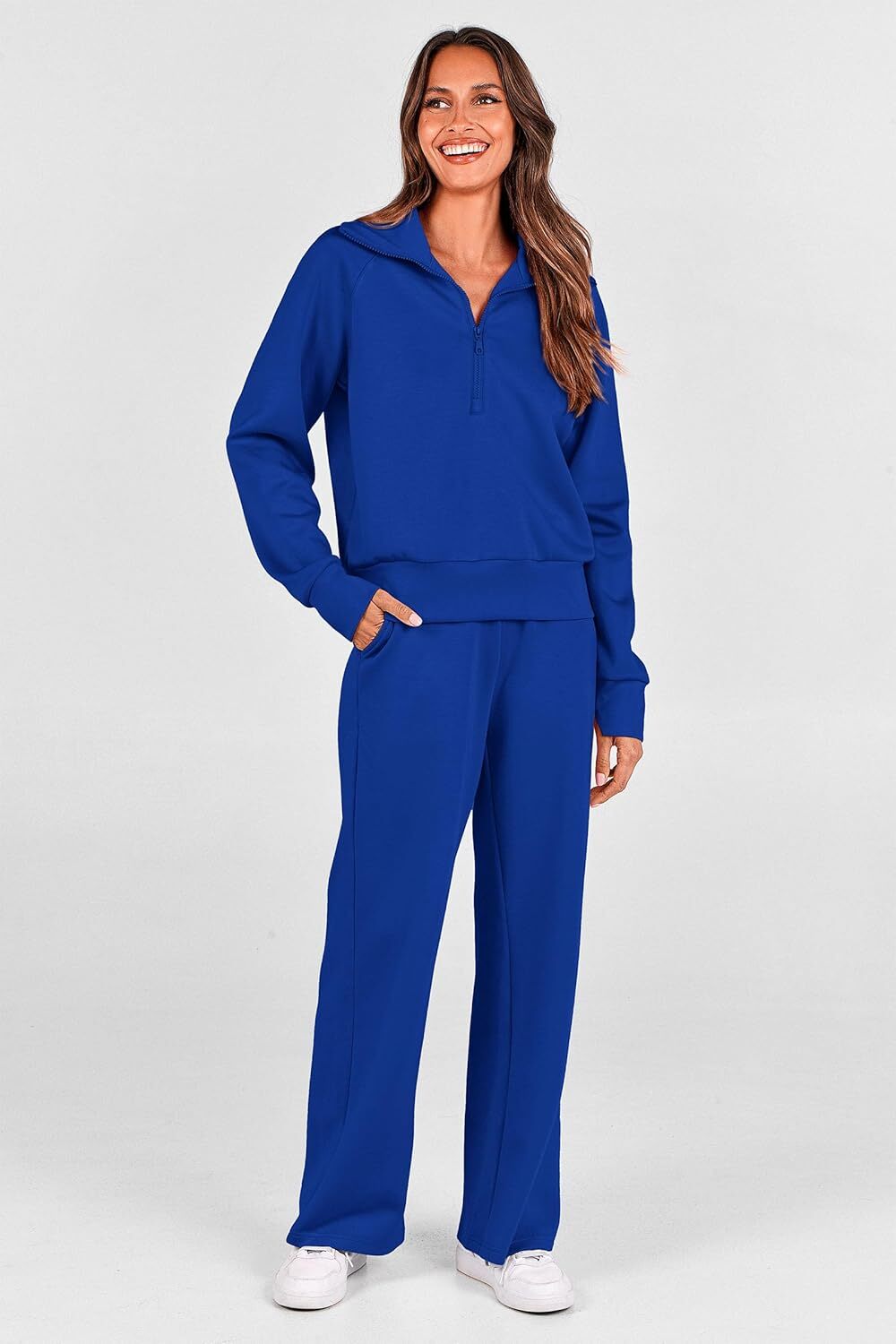 Women's Outfits Casual Lapel Half Zip Sweatshirts And Wide Leg Pants Tracksuit Sets