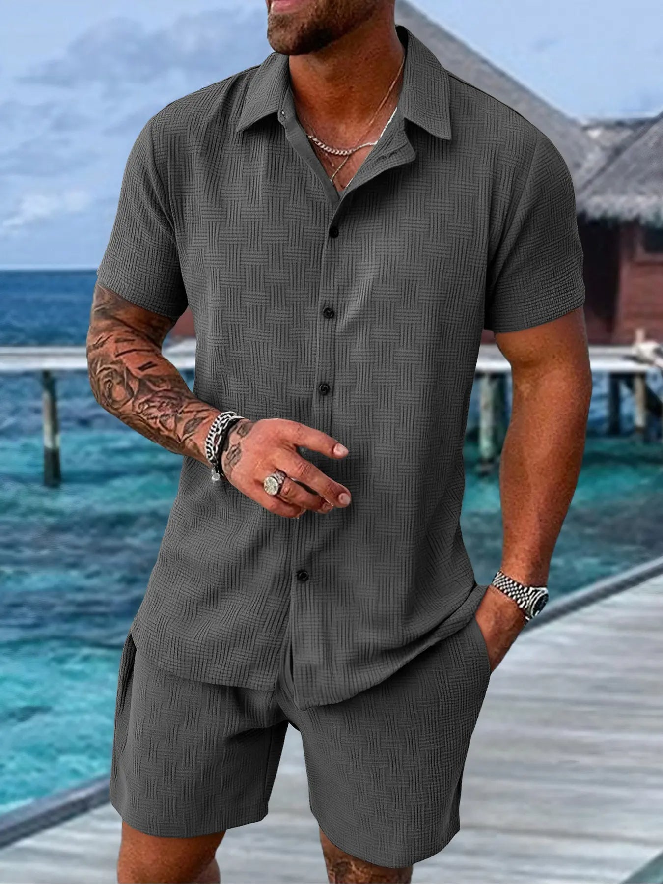 Men's Summer Beach Short Sleeve Two-piece Set