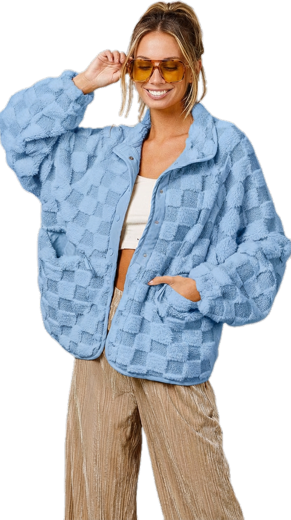 ⏰Final 2-Hour Clearance⚡ Chouyatou Women’s Winter Sherpa Jacket, Casual Contrast Plaid Faux Fur Coat, Loose Fit Plush Oversized Warm Outerwear