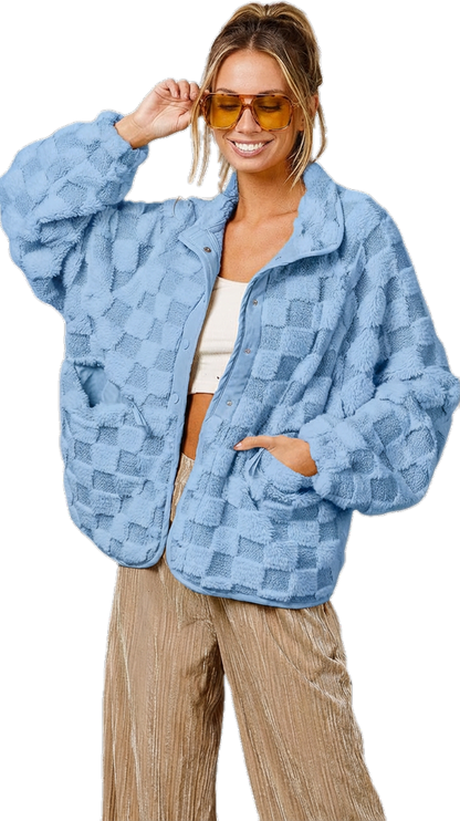 ⏰Final 2-Hour Clearance⚡ Chouyatou Women’s Winter Sherpa Jacket, Casual Contrast Plaid Faux Fur Coat, Loose Fit Plush Oversized Warm Outerwear