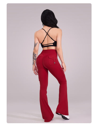 Women's Workout Flare Leggings with Pockets Hidden Scrunch High Waisted Cargo Gym Yoga No Front Seam Leggings Flared Joggers Fitness Outfit Camouflage Sports Pants