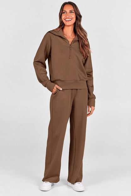 Women's Outfits Casual Lapel Half Zip Sweatshirts And Wide Leg Pants Tracksuit Sets