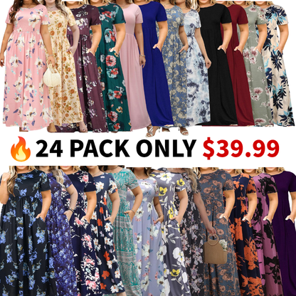 Women Summer Casual Loose Short Sleeve Long Beach Dress with Pocket
