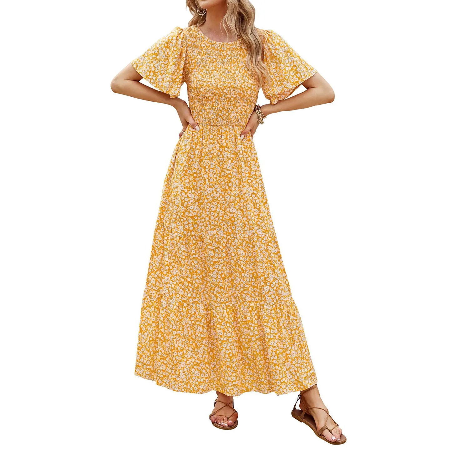 Floral Print Short Flutter Sleeve Crew Neck High Waist Flowy Maxi Dress