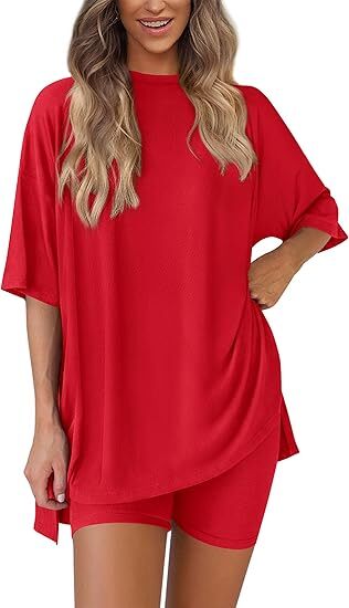 🔥Women's Two Piece Lounge Set Summer Casual Oversized Shirts Biker Shorts Matching Airport Travel Outfit