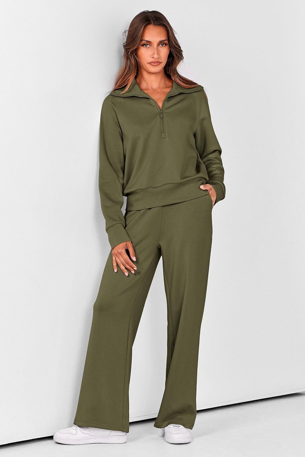 Women's Outfits Casual Lapel Half Zip Sweatshirts And Wide Leg Pants Tracksuit Sets