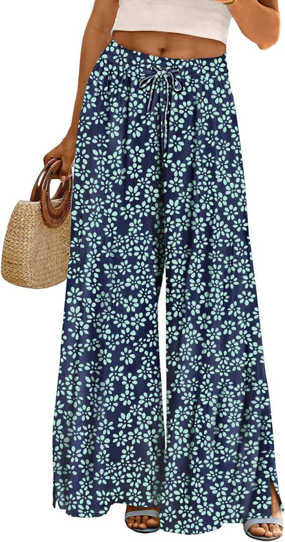 Women Summer Flowy Wide Leg Pants Drawstring Elastic Waist Casual Lounge Beach Palazzo Trouser with Pockets