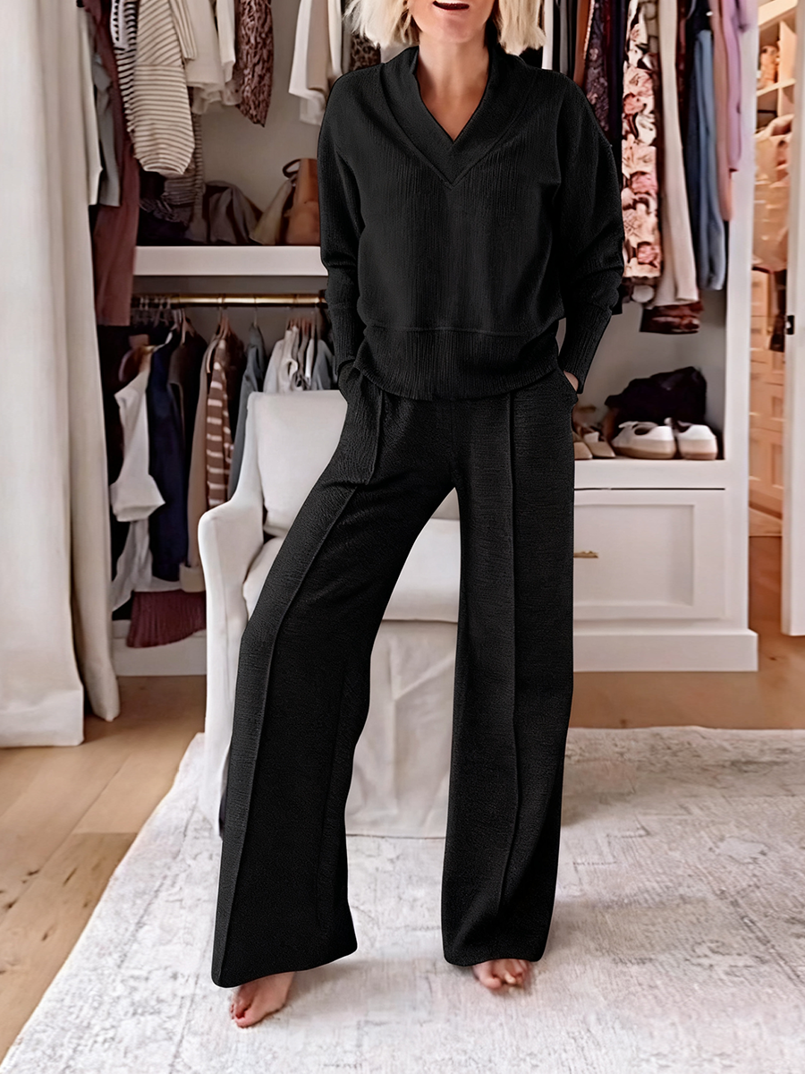 Solid Color Casual Large V-Neck Top & Pants Set