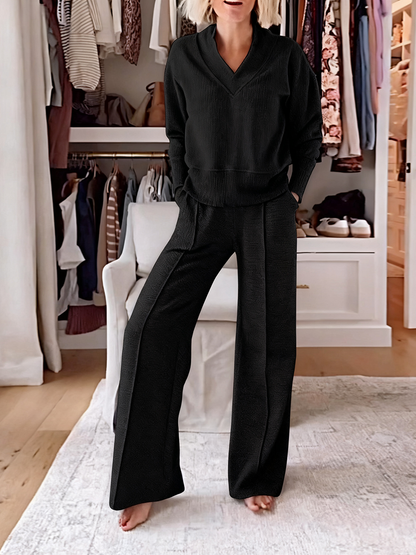 Solid Color Casual Large V-Neck Top & Pants Set