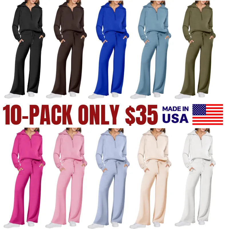 Women's Outfits Casual Lapel Half Zip Sweatshirts And Wide Leg Pants Tracksuit Sets