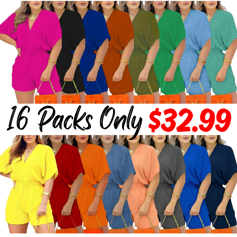Women's Plain Drawstring Shirred Waist Fitted V Neck Romper