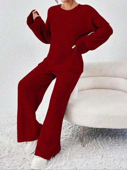 Women's Oversize Raglan Sleeve Split Sweater & Elastic Waist Pants Set