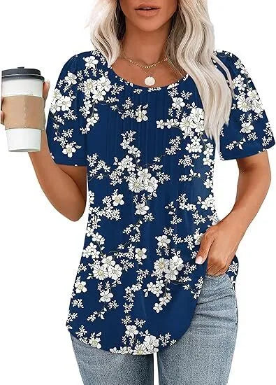 Women's T Shirts Short Sleeve Pleated Dressy Casual Scooped Neck Summer Tops Blouses