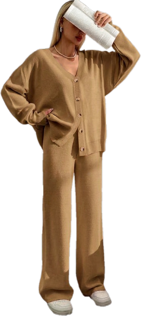 ⏰Final 2-Hour Clearance⚡ Women’s Button Front V-Neck Cardigan & Elastic Waist Wide-Leg Pants Set – Casual Cozy Knit Two-Piece Outfit for Fall & Winter