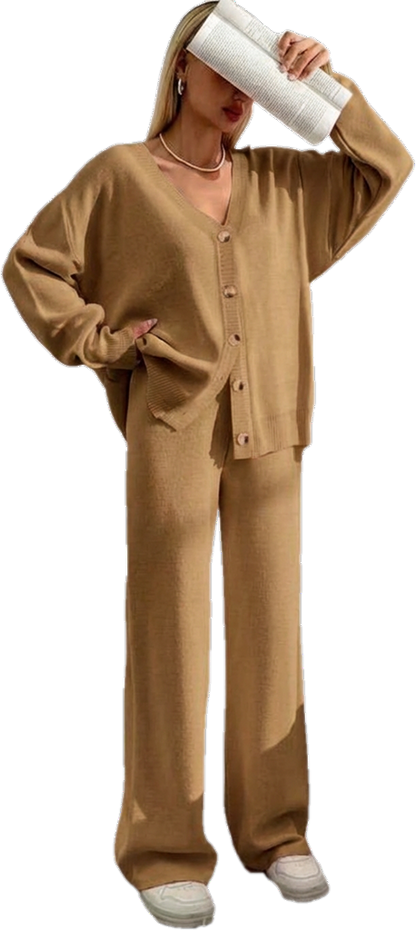 ⏰Final 2-Hour Clearance⚡ Women’s Button Front V-Neck Cardigan & Elastic Waist Wide-Leg Pants Set – Casual Cozy Knit Two-Piece Outfit for Fall & Winter