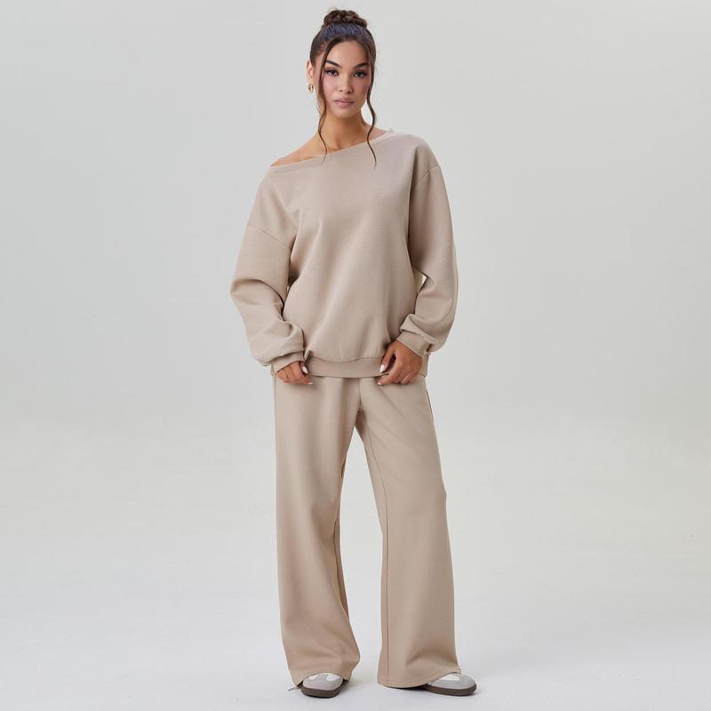 💘 Valentine’s Day Sale 💘Women's casual solid-color scoop-neck long-sleeved top and wide-leg pants set, comfortable curved-neck loose two-piece clothing set