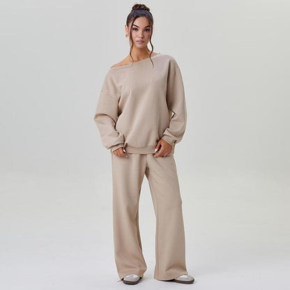 💘 Valentine’s Day Sale 💘Women's casual solid-color scoop-neck long-sleeved top and wide-leg pants set, comfortable curved-neck loose two-piece clothing set