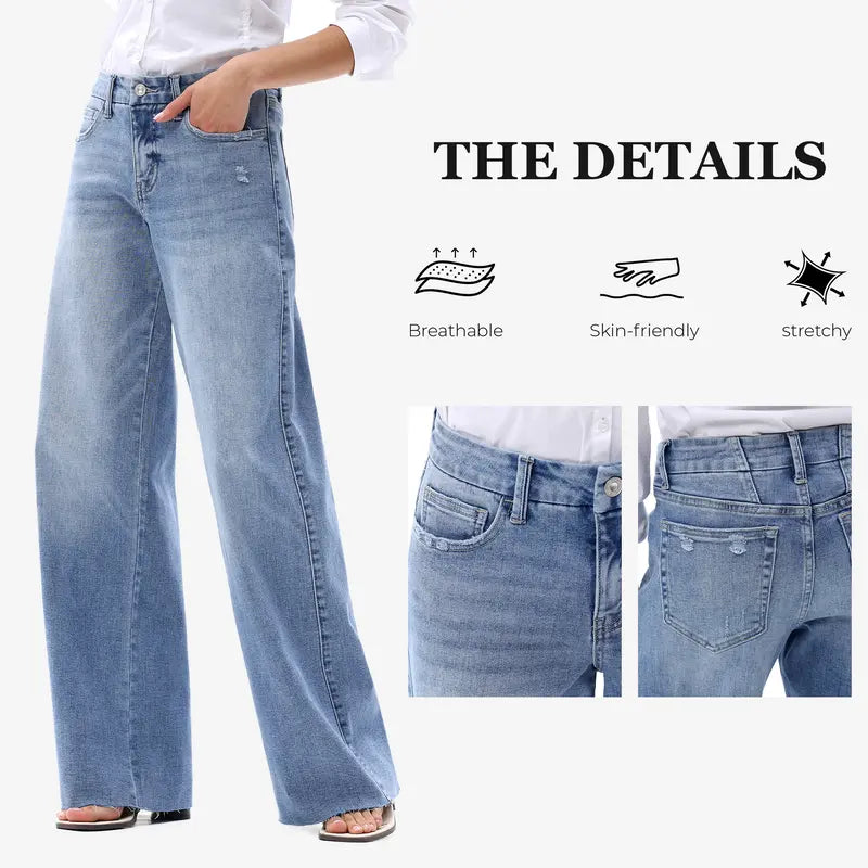 Mid-Rise High-Stretch Relaxed Wide-Leg All-Season Casual Jeans