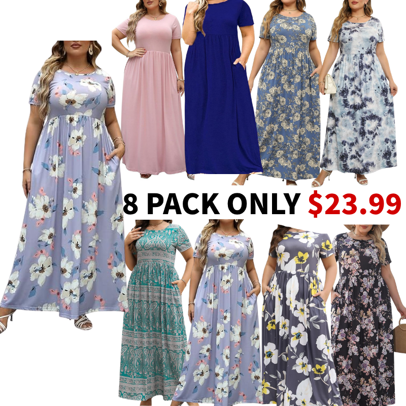 Women Summer Casual Loose Short Sleeve Long Beach Dress with Pocket