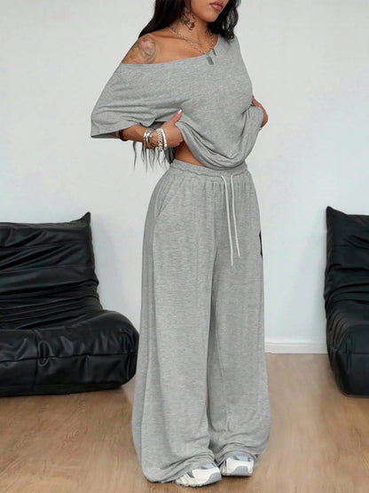 Loose Baggy Off Shoulder T-Shirt And Wide Leg Pants Two Pieces Outfits