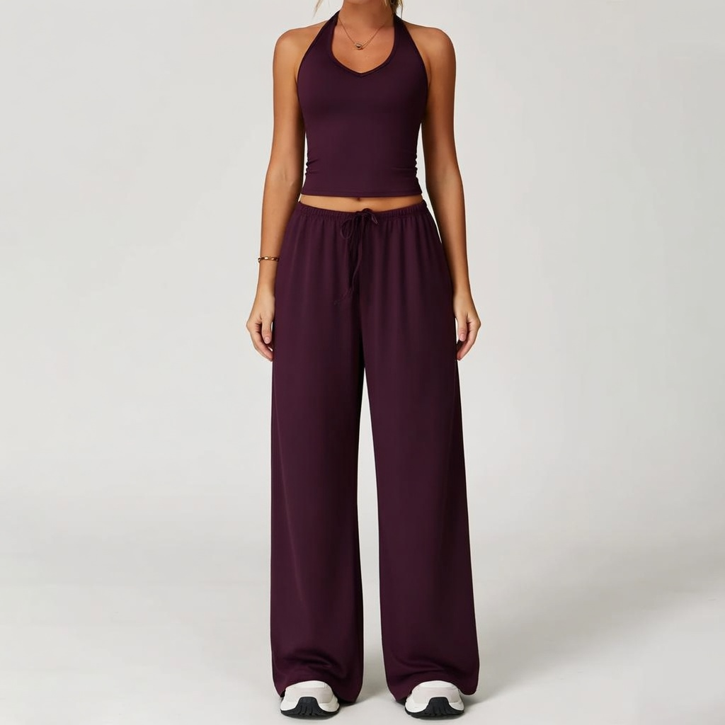 Women's Quick-Drying Athleisure Outfits - Adjustable V-Neck Strappy Top & Wide Leg Pants
