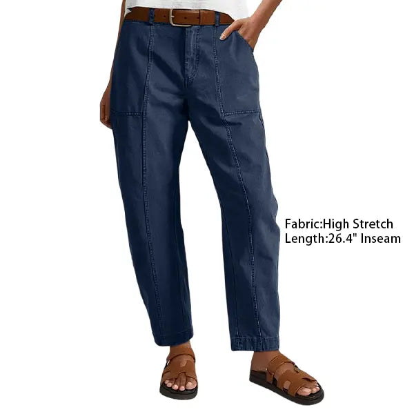 Solid Stitch Detail Mid Waist Baby Barrel Fit Deep Pockets Pants