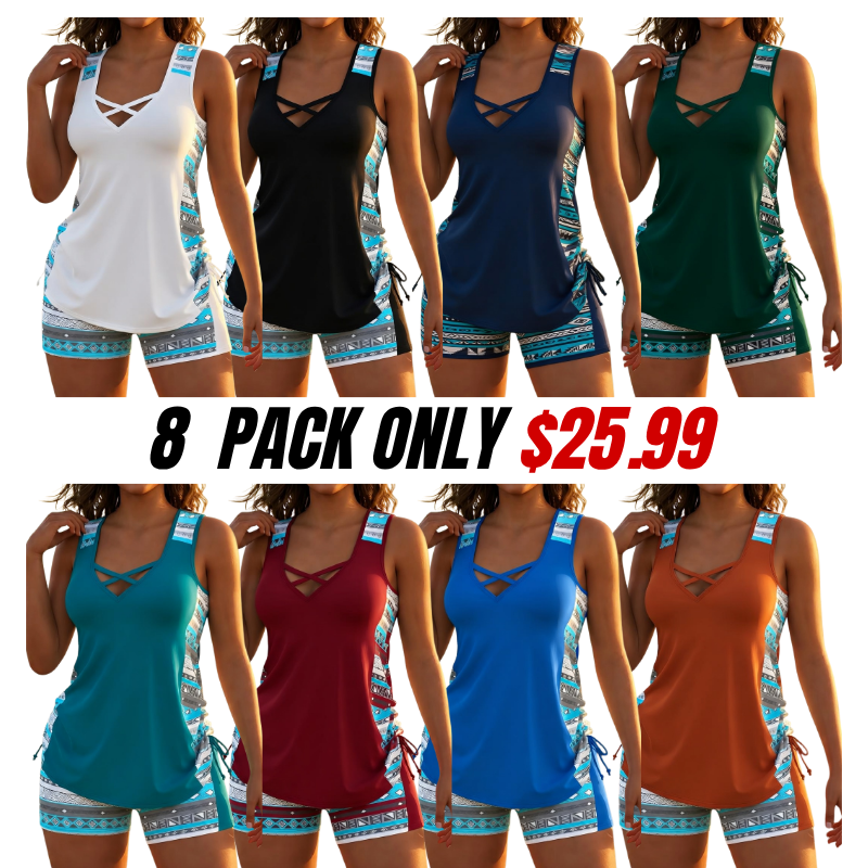 Women's Crisscross Neck Tankini Set with Boyshorts & Built-In Bra