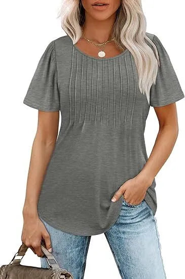Women's T Shirts Short Sleeve Pleated Dressy Casual Scooped Neck Summer Tops Blouses