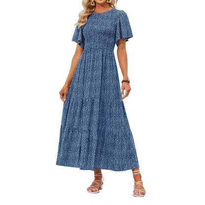 Floral Print Short Flutter Sleeve Crew Neck High Waist Flowy Maxi Dress