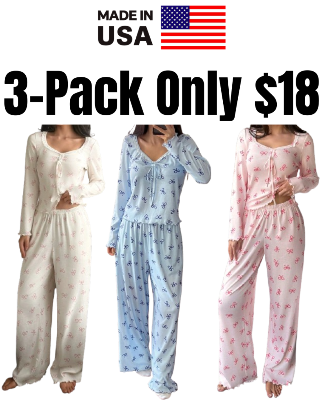 Women's Bow Print Long-Sleeve Lounge Pajama Set