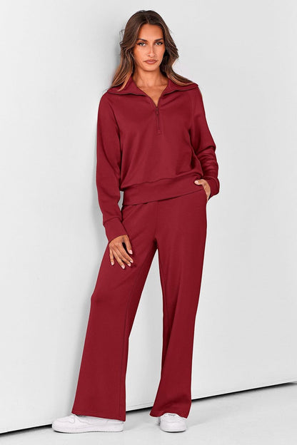 Women's Outfits Casual Lapel Half Zip Sweatshirts And Wide Leg Pants Tracksuit Sets