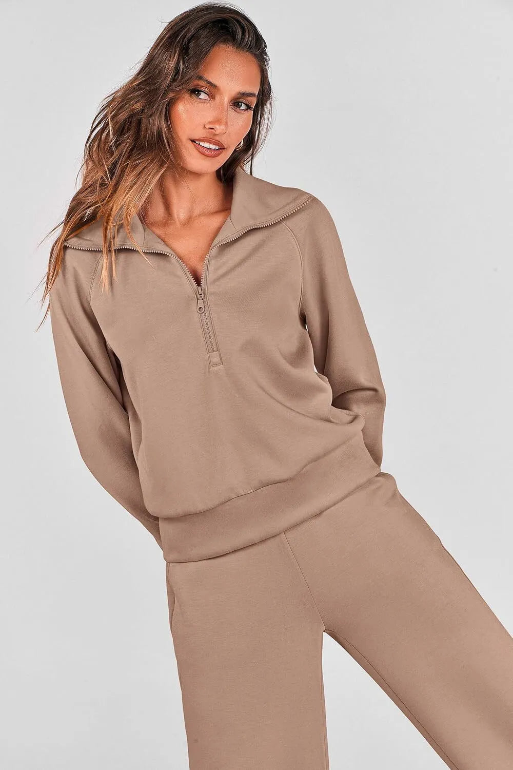 Women's 2 Piece Outfits Casual Lapel Half Zip Sweatshirts And Wide Leg Pants Tracksuit Sets